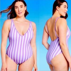 Kona Sol Swim One Piece Stripe Purple White NWT
